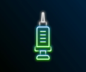 Glowing neon line Addiction to the drug icon isolated on black background. Heroin, narcotic, addiction, illegal. Sick junkie with a syringe and medical pills. Colorful outline concept. Vector