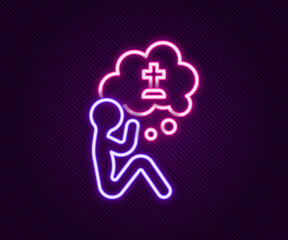 Glowing neon line Man graves funeral sorrow icon isolated on black background. The emotion of grief, sadness, sorrow, death. Colorful outline concept. Vector