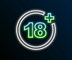 Glowing neon line Plus 18 movie icon isolated on black background. Adult content. Under 18 years sign. Colorful outline concept. Vector