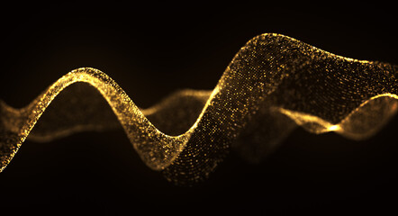 金の抽象的なデジタルの波。3DCGのテクノロジー背景