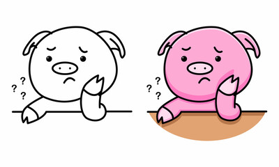 Cute pig confused coloring page for kids