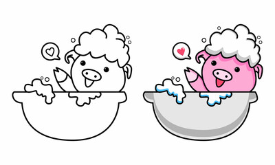 Cute pig take a bath coloring page for kids