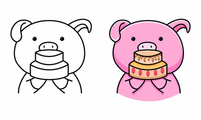 Cute pig holding cake coloring page for kids