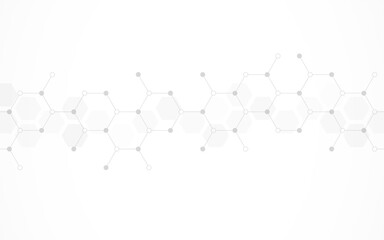 Hexagons pattern on gray background. Genetic research, molecular structure. Chemical engineering. Concept of innovation technology. Used for design healthcare, science and medicine background