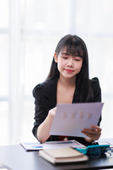 Business Documents, Auditor businesswoman checking searching document legal prepare paperwork or report for analysis TAX time, accountant Documents data contract partner deal in workplace office