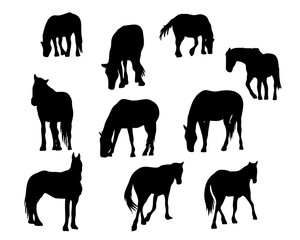Set of horse silhouette in line art style.Horse vector by hand drawing.Horse tattoo on white background.Illustration of a herd of horses running in the meadow
