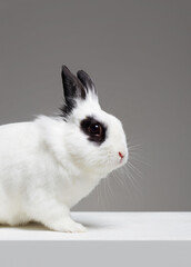 white rabbit with black ears. Funny Easter bunny