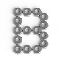 Capital letter B from iron nuts. Industrial or engineering font or symbol. 3d illustration. White background. Lettering design element