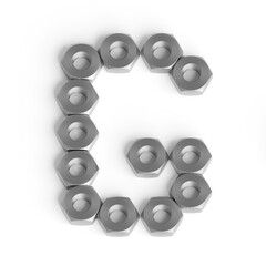 Capital letter G from iron nuts. Industrial or engineering font or symbol. 3d illustration. White background. Lettering design element