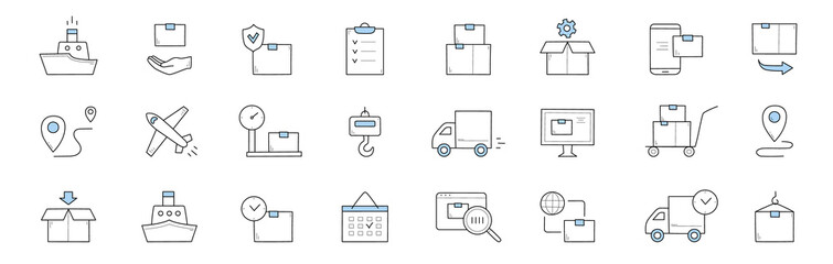 Delivery and shipping service doodle icons. Vector linear signs ship, hand with box, parcel, map pin, airplane, post scales, truck and hook. manual trolley, desktop, calendar and magnifying glass