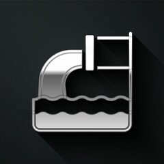 Silver Wastewater icon isolated on black background. Sewer pipe. From the pipe flowing liquid into the river. Long shadow style. Vector