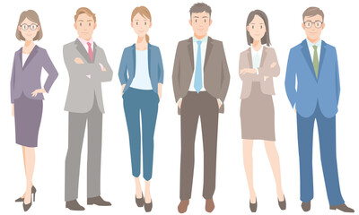 Business people group whole body standing. Men and women office workers with smile. Flat vector illustration isolated on white background.
