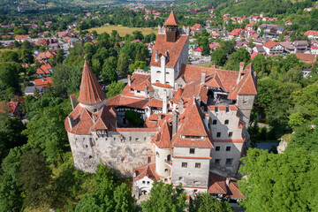 Obraz premium Aerial drone view of The Bran Castle in Romania