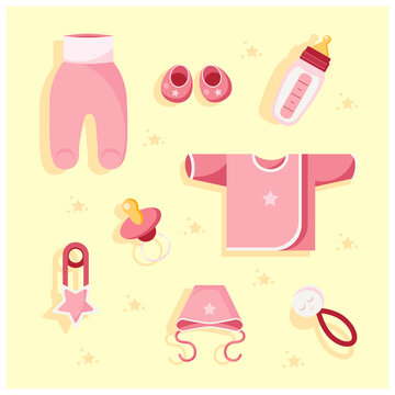 A set of children's clothes and accessories for the baby. Vector image.