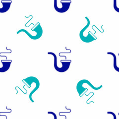 Fototapeta premium Blue Smoking pipe with smoke icon isolated seamless pattern on white background. Tobacco pipe. Vector