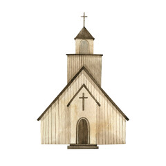Watercolor hand drawn church chapel illustration. Hand drawn religious element.