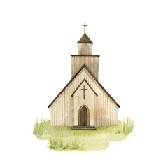 Watercolor hand drawn church chapel illustration. Hand drawn religious element.