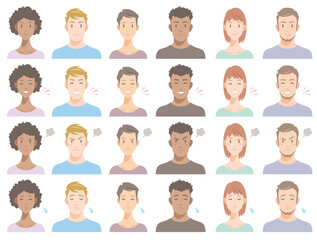 Various facial expressions of different races people. Smile, joy, anger, sadness. Flat vector illustration isolated on white background.