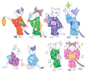 夏祭り　浴衣の猫　イラストセット