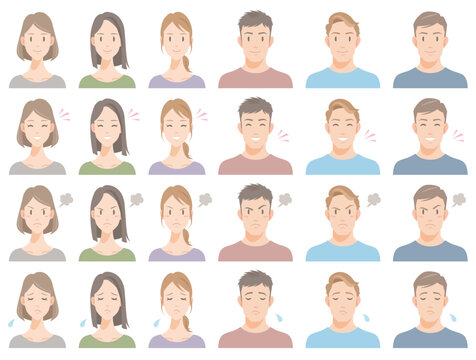 Various facial expressions of people. Smile, joy, anger, sadness. Flat vector illustration isolated on white background.