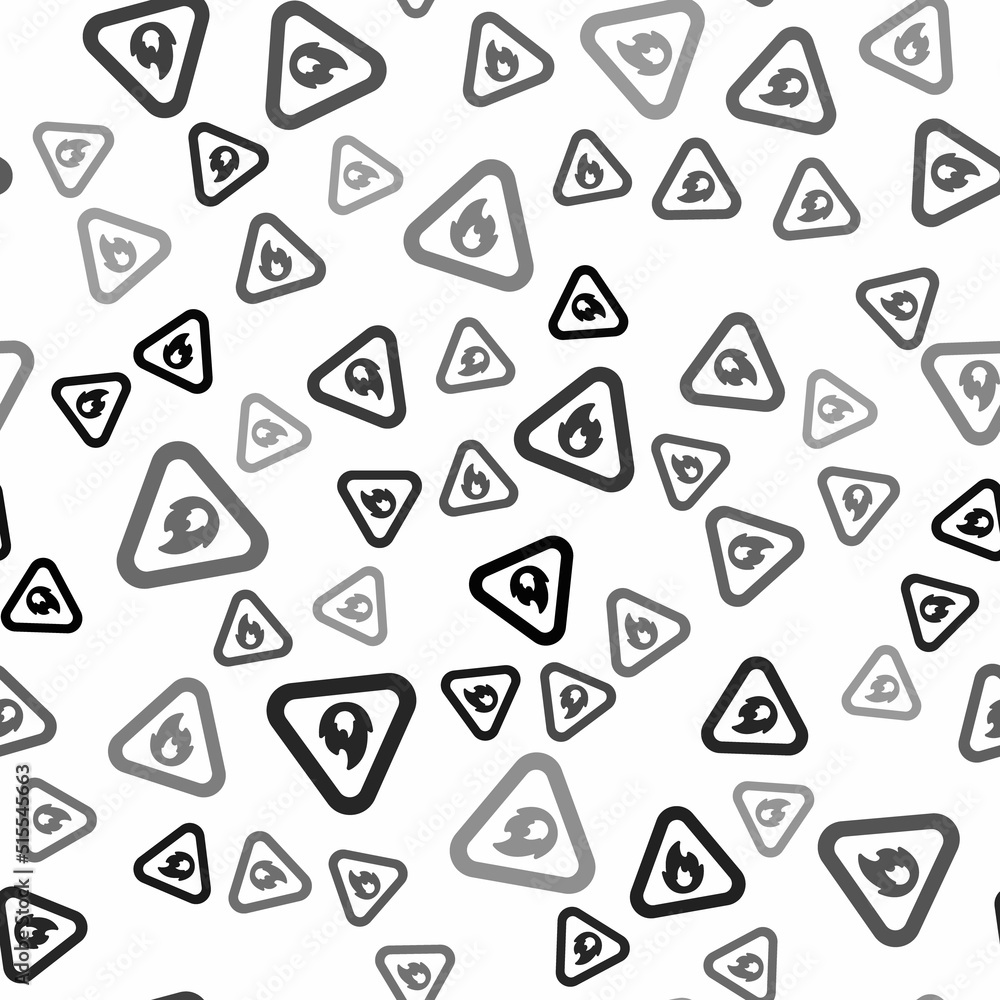 Poster black fire flame in triangle icon isolated seamless pattern on white background. warning sign of fla