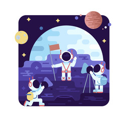Vector cartoon illustration - space tourism, three astronauts on the moon