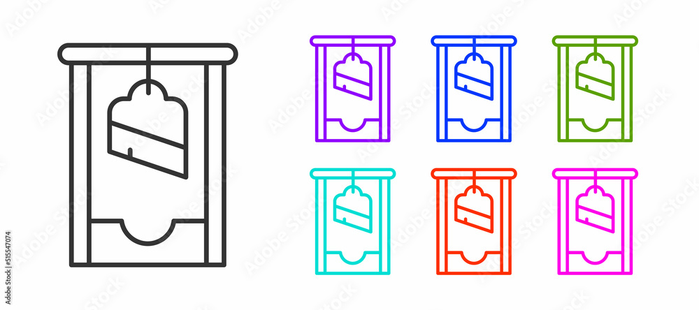 Poster black line guillotine medieval execution icon isolated on white background. set icons colorful. vect