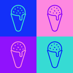 Pop art line Ice cream in waffle cone icon isolated on color background. Sweet symbol. Vector