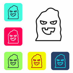 Black line Funny and scary ghost mask for Halloween icon isolated on white background. Happy Halloween party. Set icons in color square buttons. Vector