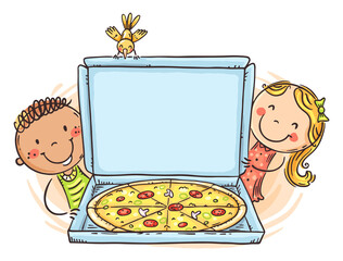 Doodle happy kids with pizza with a blank space for your text or image