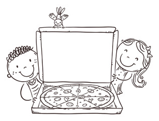 Line drawing of doodle happy kids with pizza with a blank space for your text or image