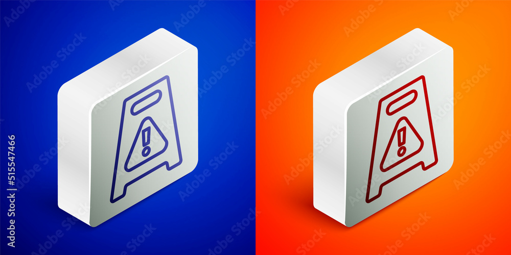 Poster isometric line wet floor and cleaning in progress icon isolated on blue and orange background. clean