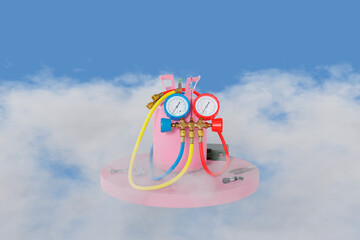 manometers and freon with tools in fog 3d