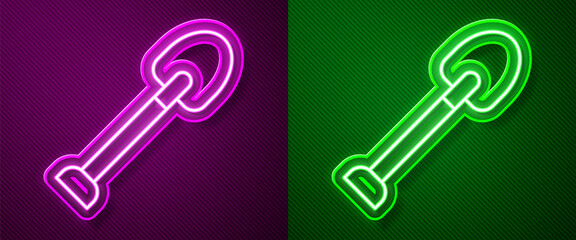 Glowing neon line Shovel icon isolated on purple and green background. Gardening tool. Tool for horticulture, agriculture, farming. Vector