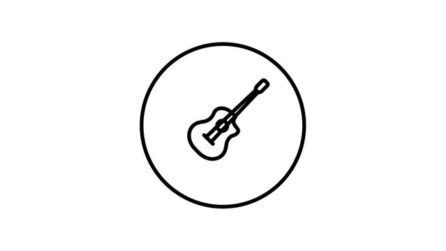 Guitar acoustic instrument, music icon, outline in circle, black and white drawing, icon video animation, self drawing