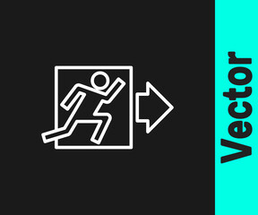 White line Fire exit icon isolated on black background. Fire emergency icon. Vector