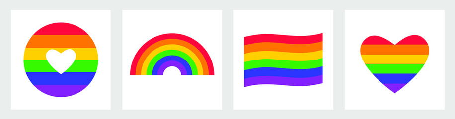 LGBTQ+ flag. Pride day vector icon. Rainbow love concept. Human rights and tolerance. LGBT gay and lesbian pride symbols, star, heart. Icon template. Vector illustration isolated on white background.