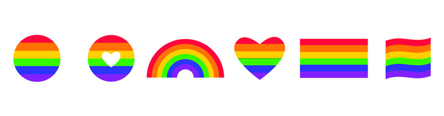 LGBTQ+ flag. Pride day vector icon. Rainbow love concept. Human rights and tolerance. LGBT gay and lesbian pride symbols, star, heart. Icon template. Vector illustration isolated on white background.