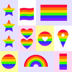 LGBTQ+ flag. Pride day vector icon. Rainbow love concept. Human rights and tolerance. LGBT gay and lesbian pride symbols, star, heart. Icon template. Vector illustration isolated on white background.