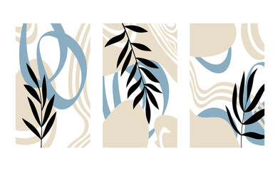 Hand drawn vector set of modern floral posters. Abstract leaves, branches and shapes. Wallpaper, print, wall art, background, home decor, card, invitation, banner, cover or package design.