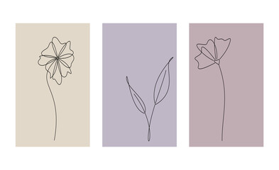 Vector set of modern abstract floral poster. Hand drawn line flowers and leaves. Wallpaper, print, wall art, home decor, card, invitation, banner, cover or package design.