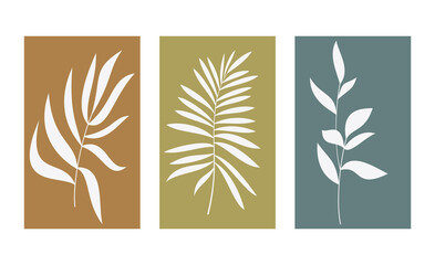 Vector set of modern abstract floral posters. Hand drawn  leaves and branches. Wallpaper, print, wall art, background, home decor, card, invitation, banner, cover or package design.