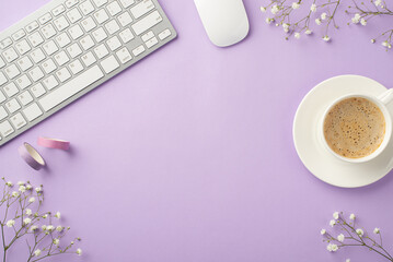 Business concept. Top view photo of workstation keyboard computer mouse cup of coffee on saucer purple adhesive tape and white gypsophila flowers on isolated pastel violet background with copyspace