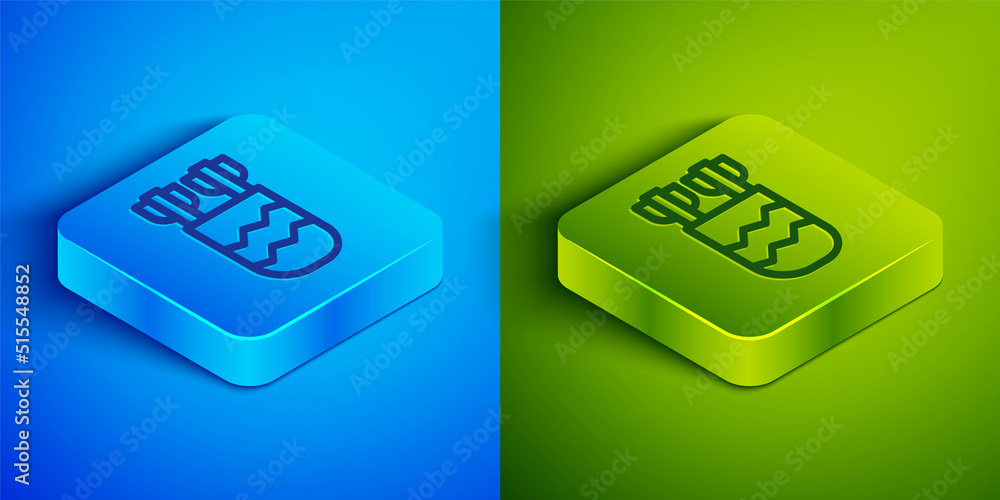 Poster isometric line quiver with arrows icon isolated on blue and green background. square button. vector