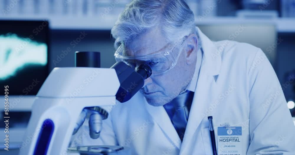 Aufkleber Scientist using a microscope in a lab to analyze samples. Focused professor doing forensic research and experiments to develop a cure. Microbiologist conducting a clinical trial in a medical facility