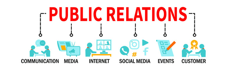 Public Relations Banner Web Concept with Media Internet Social Media Events Communication Customer icons