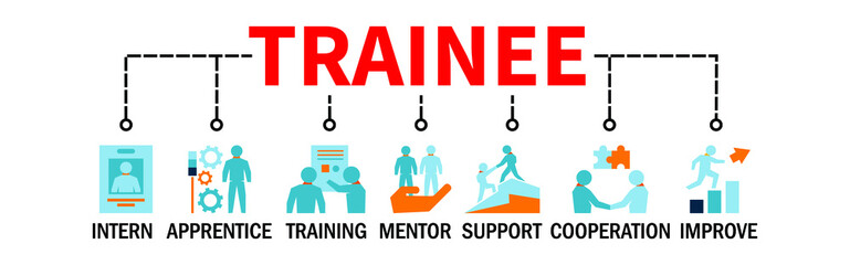 Trainee Banner Web Concept with Intern Apprentice Cooperation Training Improve Support Mentor icons