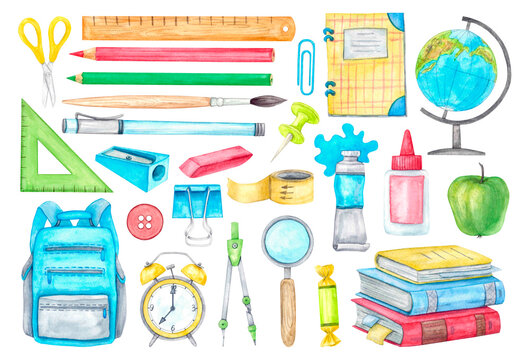 A set of bright, colorful school supplies isolated on a white background.. Watercolor illustration isolated on white background, hand-drawn.