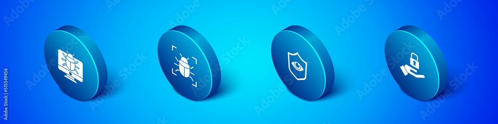 Poster set isometric system bug on monitor, shield and eye, lock in hand and icon. vector