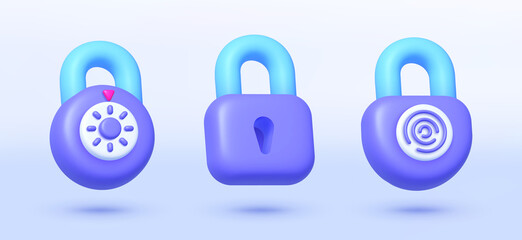 3d set with blue lock set on white background. Vector 3d illustration